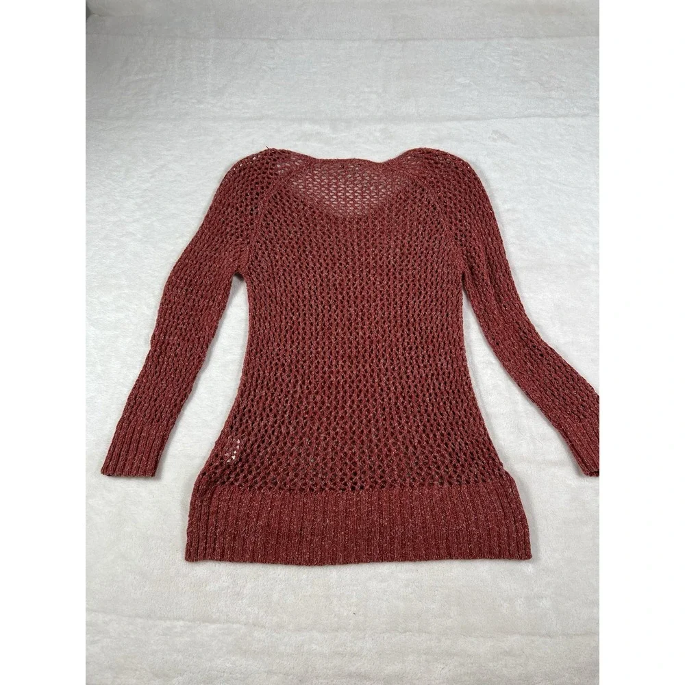 Lucky Brand Womens M Rust Terracotta Open Knit‎ Crochet V-Neck Sweater Pullover